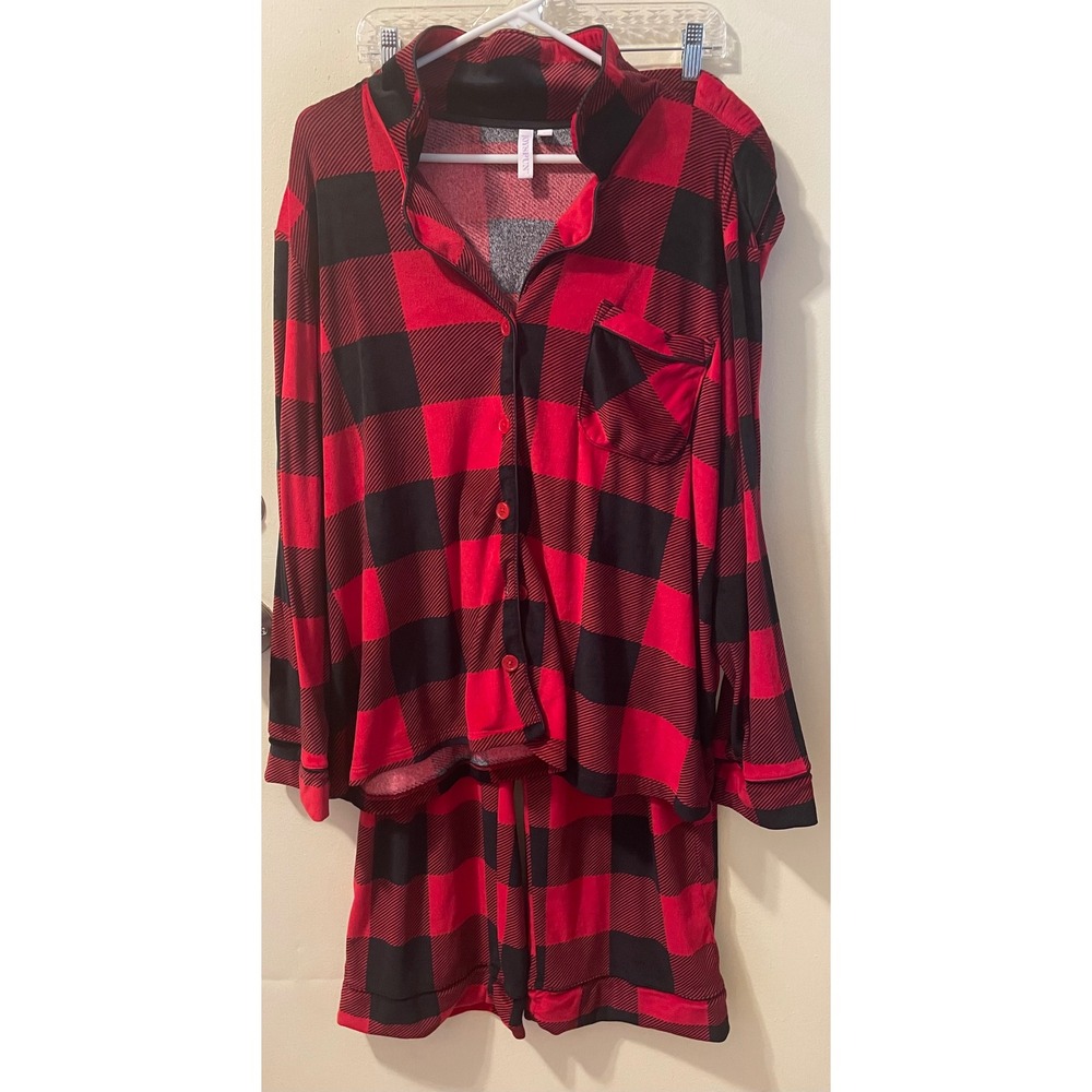 Joyspun Womens 3X Red Black Buffalo Plaid Pajama Set Long Sleeve Button Down 2PC